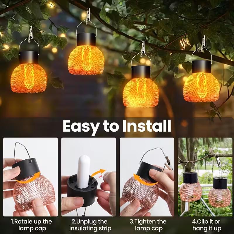 Solar Flame Effect Hanging Lantern Outdoor LED Solar Light Waterproof Solar Fairy Light for Patio Garden Camping Christmas Decor