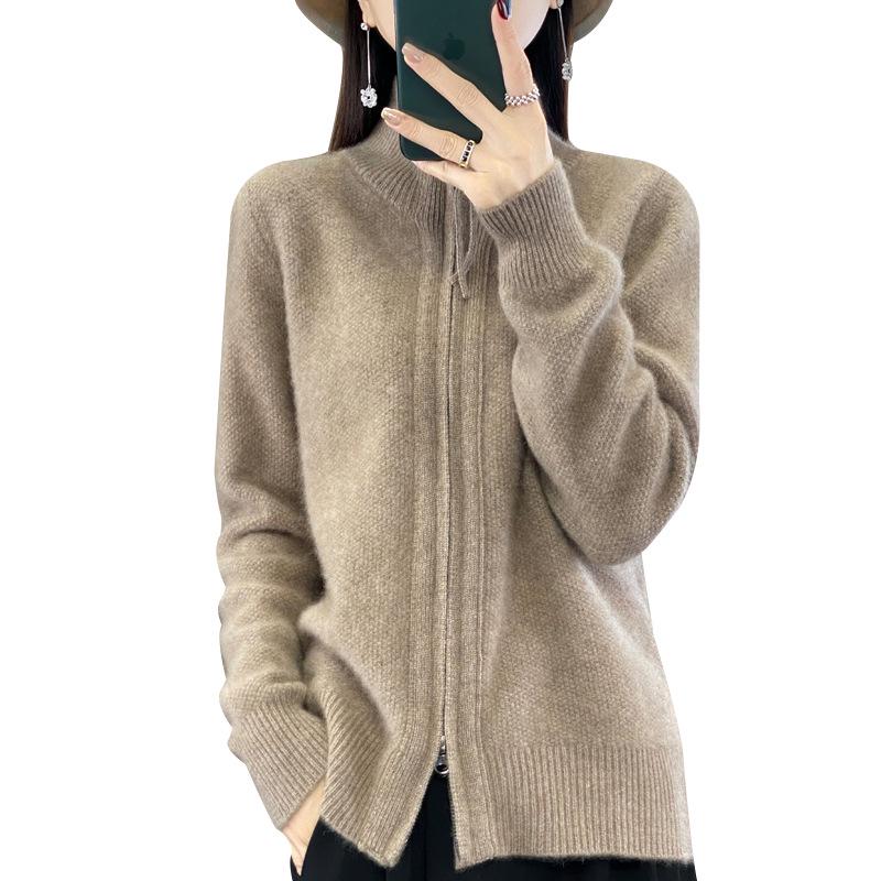 Women's Wool Double Zipper High Collar Cardigan - Long Sleeve, Loose Fit, Solid Color.