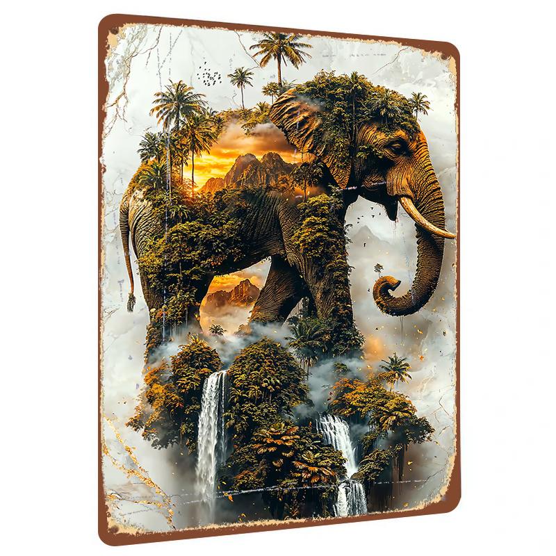 Rainforest Elephant Sunset Waterfall Metal Wall Art Modern Living Room Decor Relief Iron Painting 20x30cm(7.8x11.8inch)