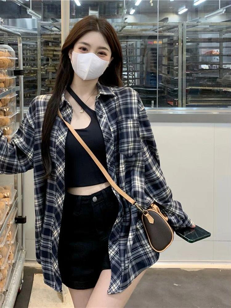 Women's Retro Plaid Shirt Cardigan – Loose Fit, Long Sleeve, All-Season Wear