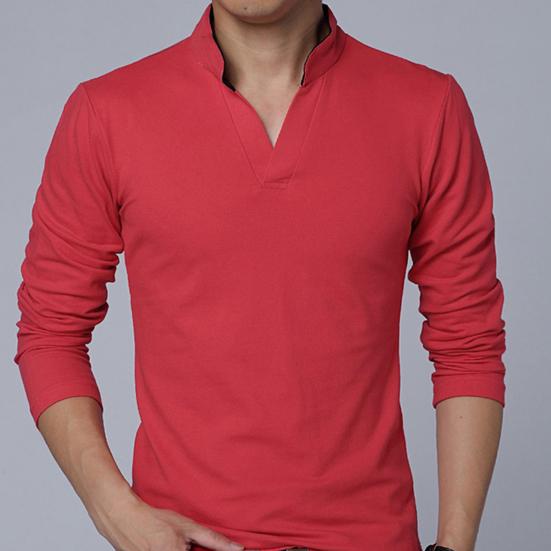 Men T-shirt Solid Color Long Sleeve V Neck Slim Pullover Top for Spring