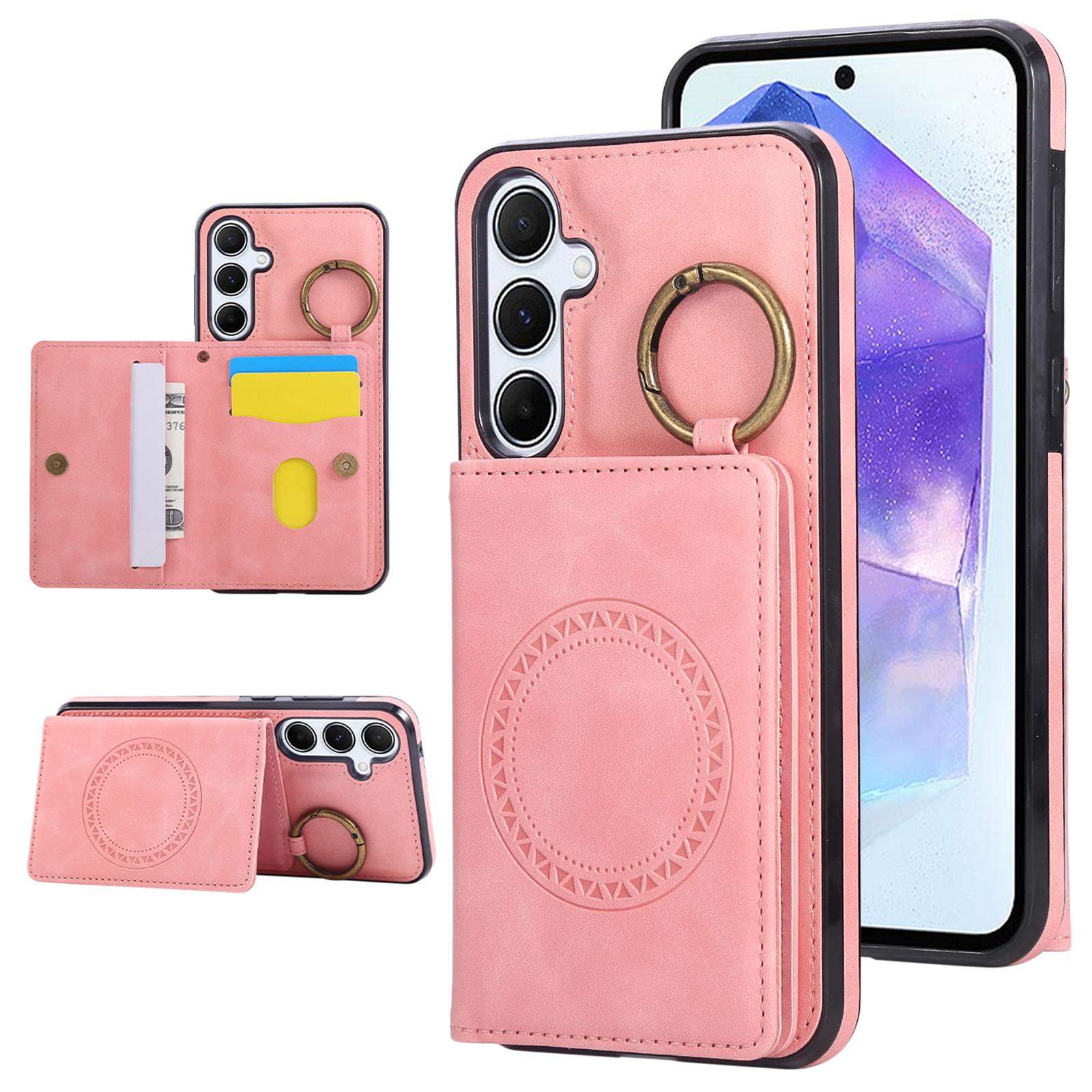 

For Samsung Galaxy A36 5G Case Card Holder Kickstand Leather+TPU Phone Cover with Ring Holder Rose Gold