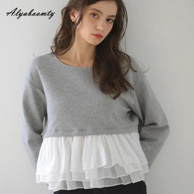 Koreansk Stil Vår Høst Dame Hettegensere O-hals Hvit Grå Svart Lappverk Mesh Volanger Genser Casual Løs Damer Stilig Topp