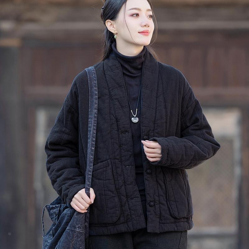 

Зимняя женская стеганая куртка из хлопка и льна с вертикальной стежкой, шалевым воротником и застежкой-пряжкой, теплая куртка с подкладкой, короткая куртка с подкладкой One size чёрный