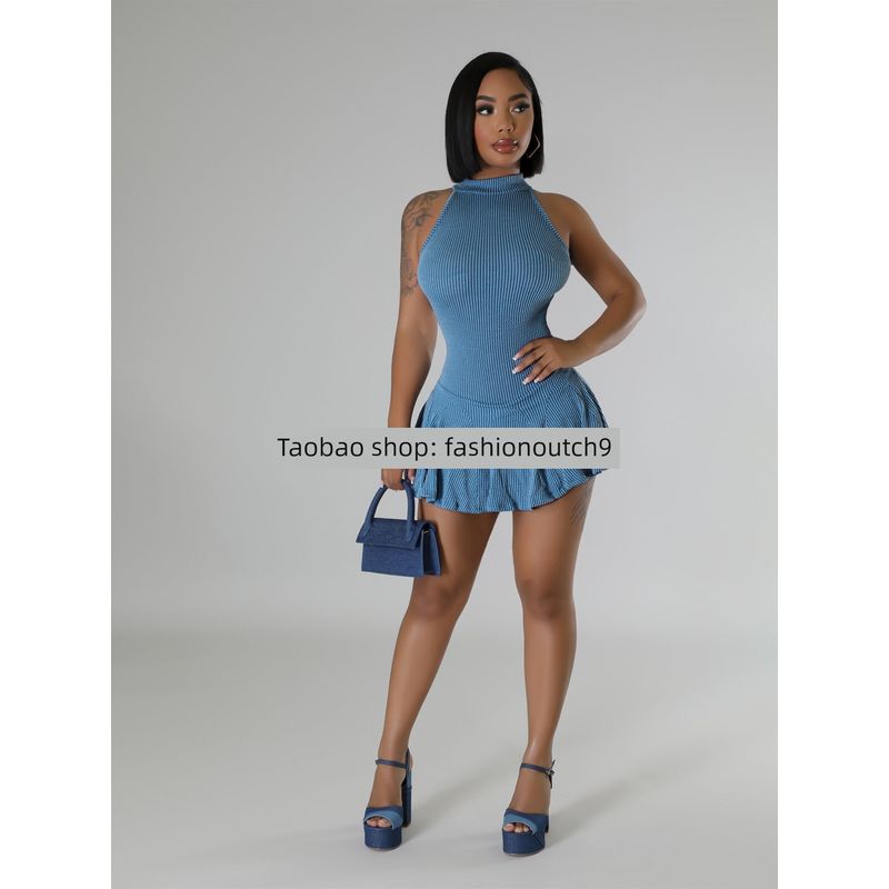 

2025 Stretch Fabric Twisted Strip Sleeveless Dress Blue M