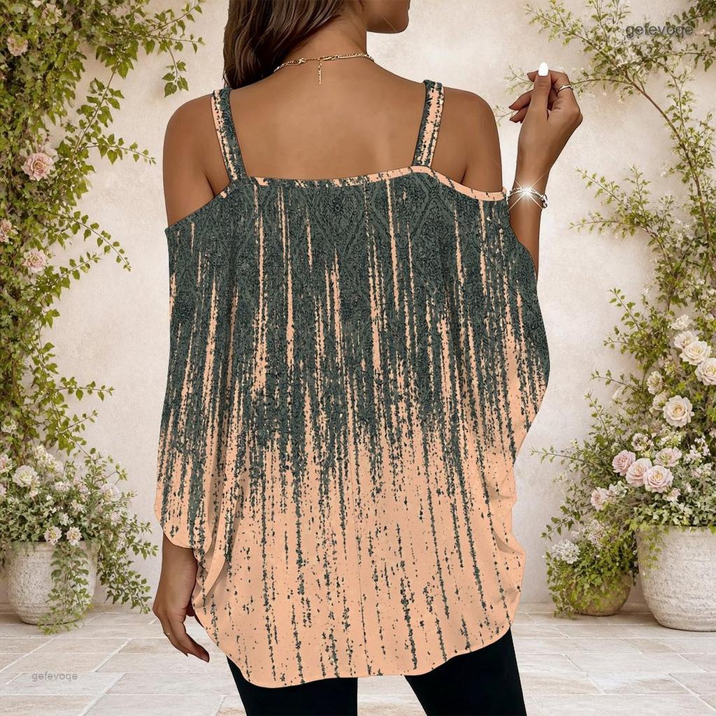 Women Plus Size Off Shoulder Metal Buckle Strap V Neck Short Sleeve Abstract Print Blouse
