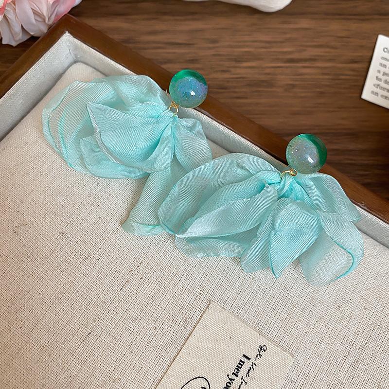 Silver Needle Fabric Flower Glass Fringed Earrings Medium Antique Temperament Stud Earrings Design Sense Niche Earrings