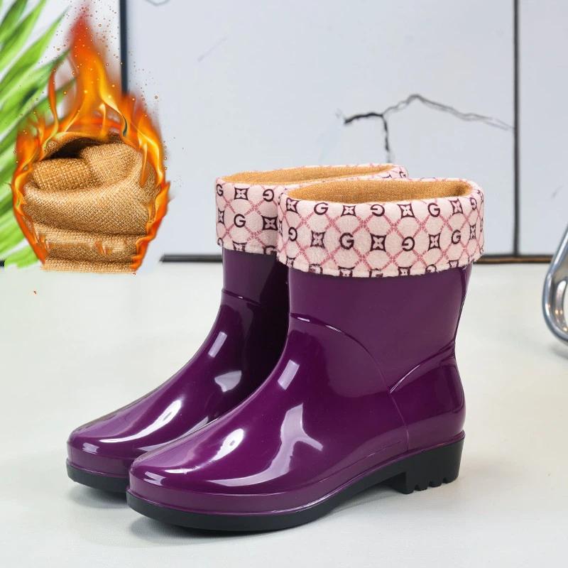 Women Mid Calf Rain Boots Waterproof PVC Shoes Non-slip Rubber Sole