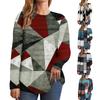 Casual Color Block topy z długim rękawem dla kobiet jesień geometryczna grafika z wycięciem pod szyją luźne t-shirty luźna tunika bluzki