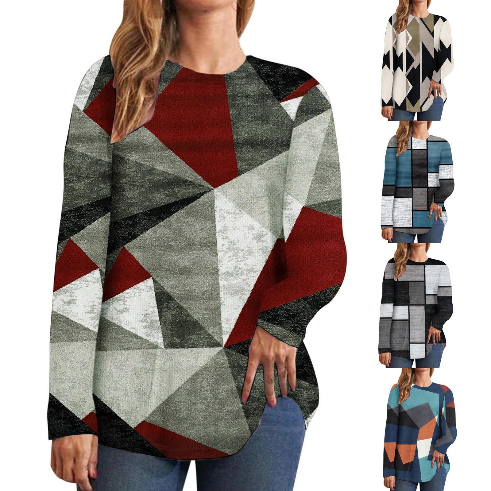 

Повседневные топы с длинными рукавами и цветными блоками для женщин, осенние свободные футболки с круглым вырезом и геометрическим рисунком, туника с напуском, блузки L