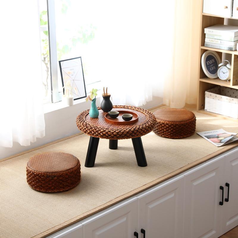 Handwoven Rattan Tea Table Japanese Tatami Style Small Space Coffee Stand Natural Living Room Furniture for Zen Decor