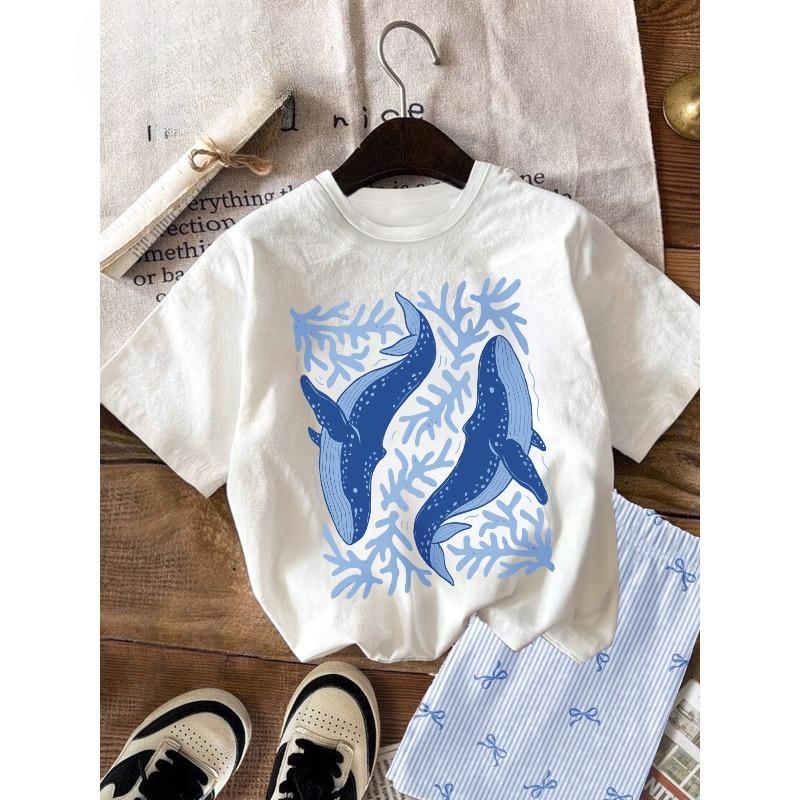 European Sizes Simple Casual Style Girl's Summer Round-neck Short-sleeve Top, T-shirt with Double Whale and Coral Seaweed Pattern Print
