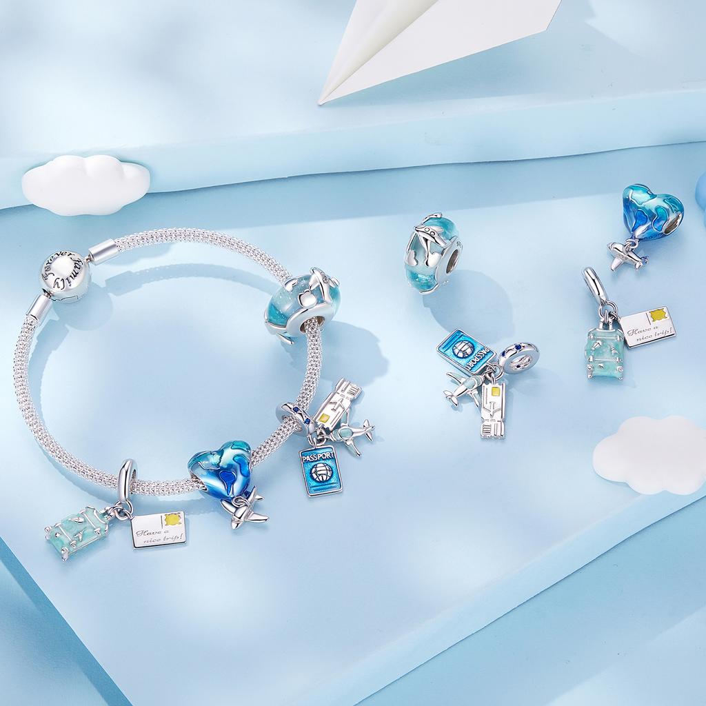 WOSTU Real 925 Silver Blue Series Moon Plane Space Beads Astronaut Charm Owl Pendant Fit Original Bracelet DIY Necklace