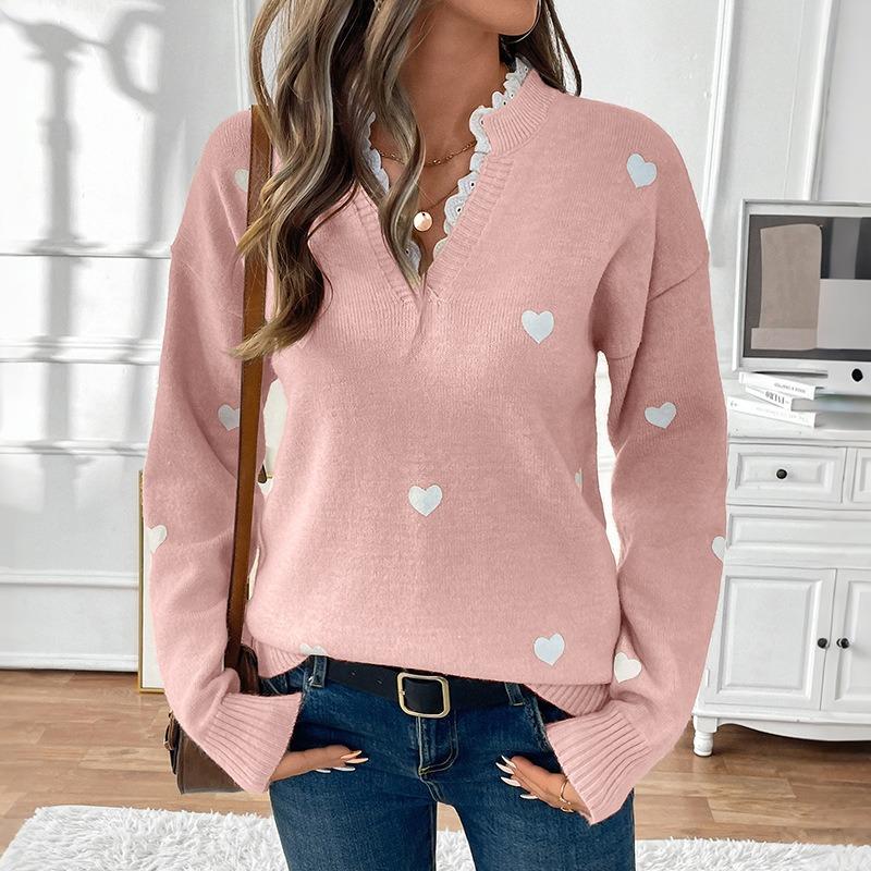 Women V Neck Heart Pattern Pullover Knit Sweater Autumn Casual