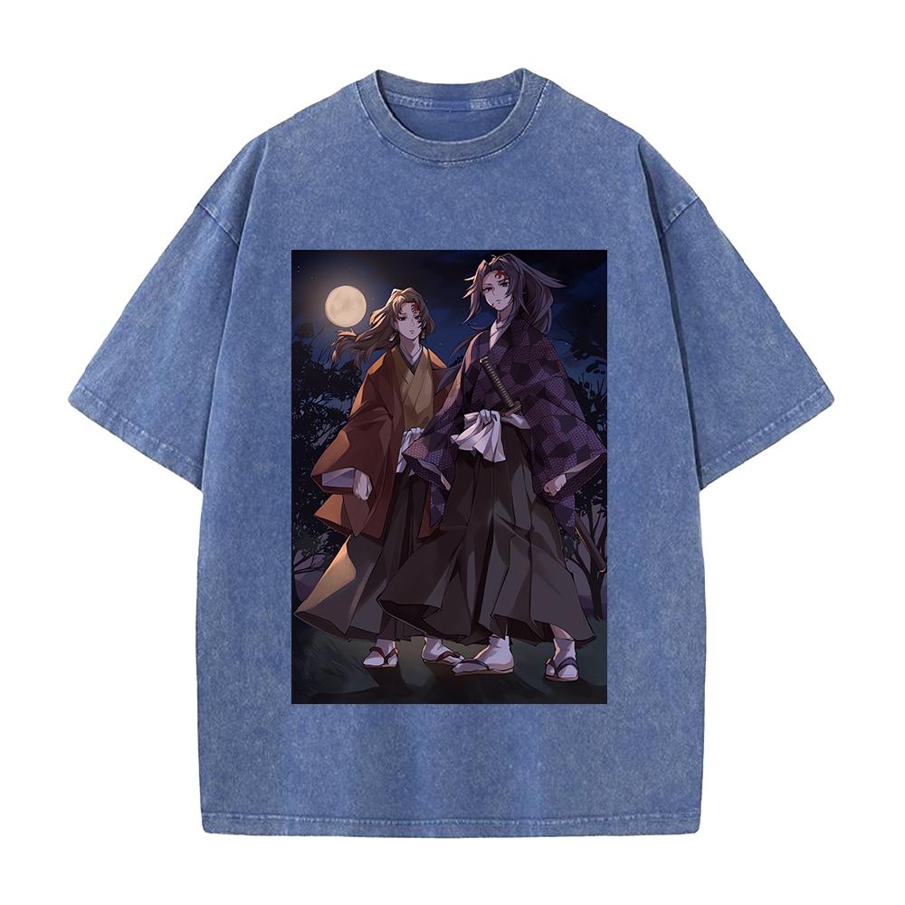 Tsugikuni Yoriichi Kokushibo Print T-shirt Demon Slayer Anime Clothing Men Cotton Tshirts Vintage Washed Tee Harajuku T Shirt