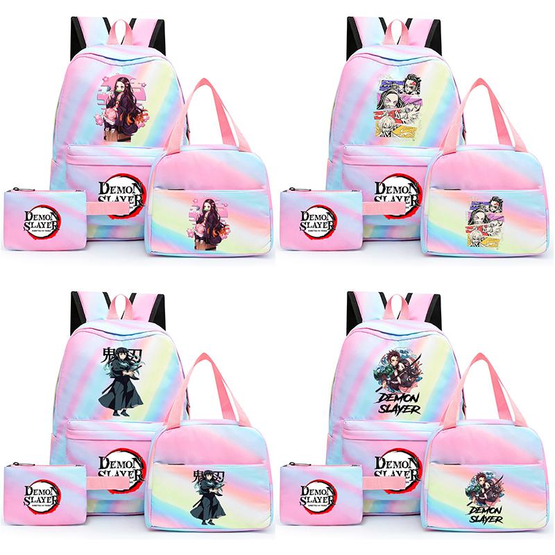 3Pcs/set Cartoon Demon Slayer Printed Backpack with Lunch Bag Pencil Case for Teenager Girl Boy Large Capacity Waterproof Bookbag Gift Mochila