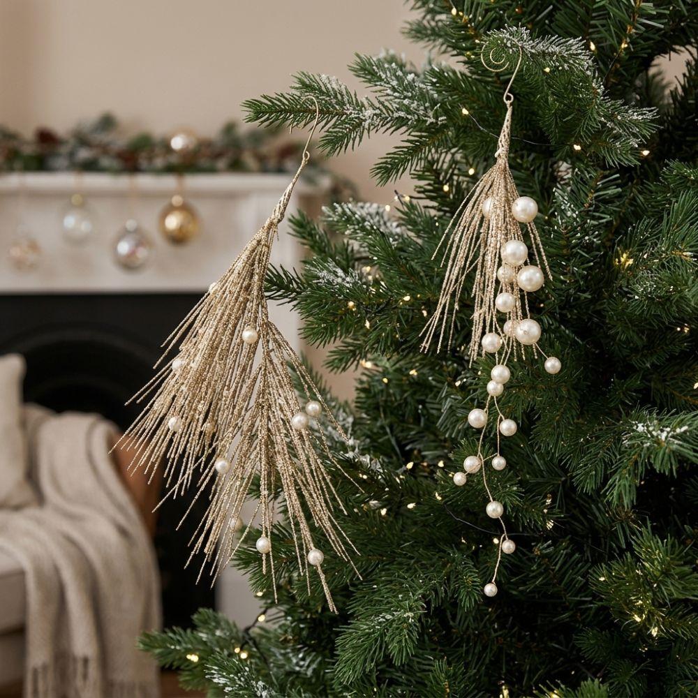 Handmade Christmas Pearl Pick Branch Realistic Xmas Tree Hanging Ornament Holiday Wreath