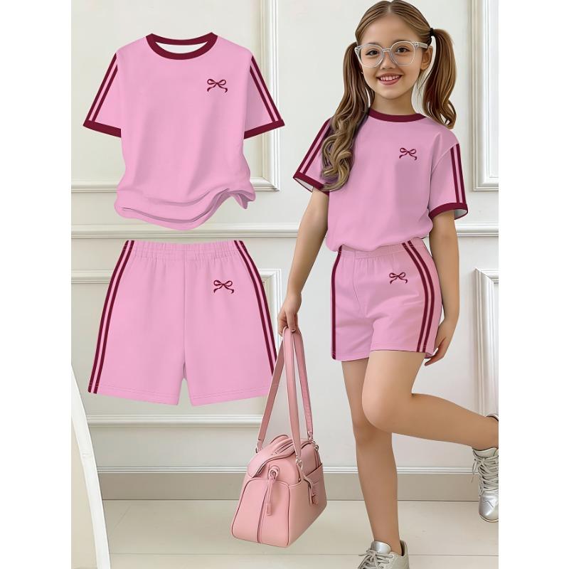 Kids Clothes Girls, 2pcs Set, Easy Bow Print Short Sleeve T-Shirt And Shorts Set, Suitable for Spring and Summer, Y2K Fashion