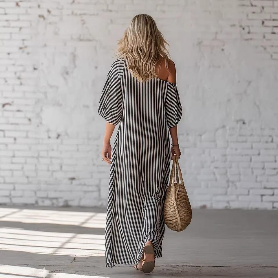2026 Spot Women's Spring Elegant Striped Off-Shoulder Dress
