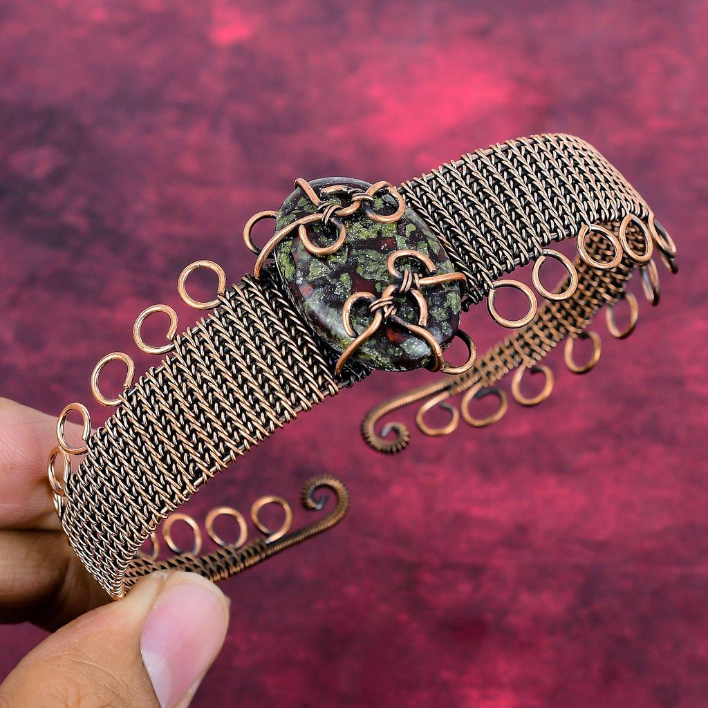 Dragon Bloodstone Gemstone Cuff Bracelet Copper Wire Wrapped Adjustable Bangle