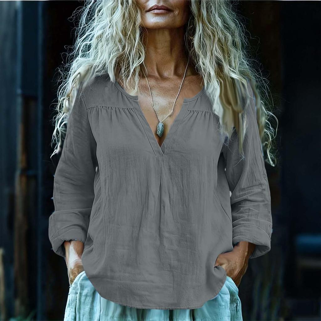 Women's Fashion Loose-Fit Long-Sleeve V-Neck Pullover Shirt Cotton-Linen Blend Top