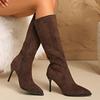 Vintage Braune Spitz zulaufende Stiletto-Absatz Hohe Stiefel Damen Kniehohe Oberschenkelhohe Stiefel Hoher Absatz Stapelabsatz Stiefel