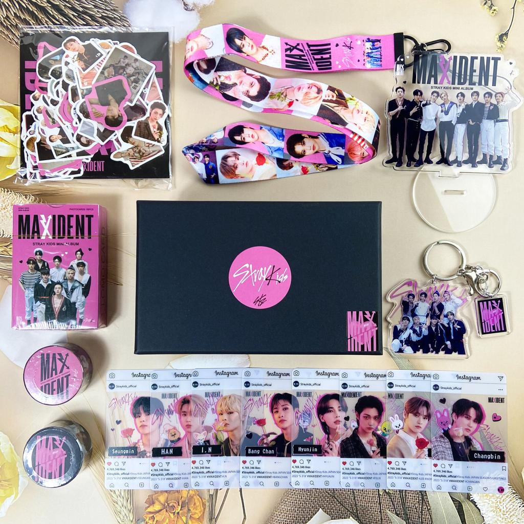 Stray Kids Maxident Gift Box,  Mini Album Merchandise Set Lomo Cards Acrylic Standee Keychain Lanyard Stickers Tape Kpop Gift for Stay Fans