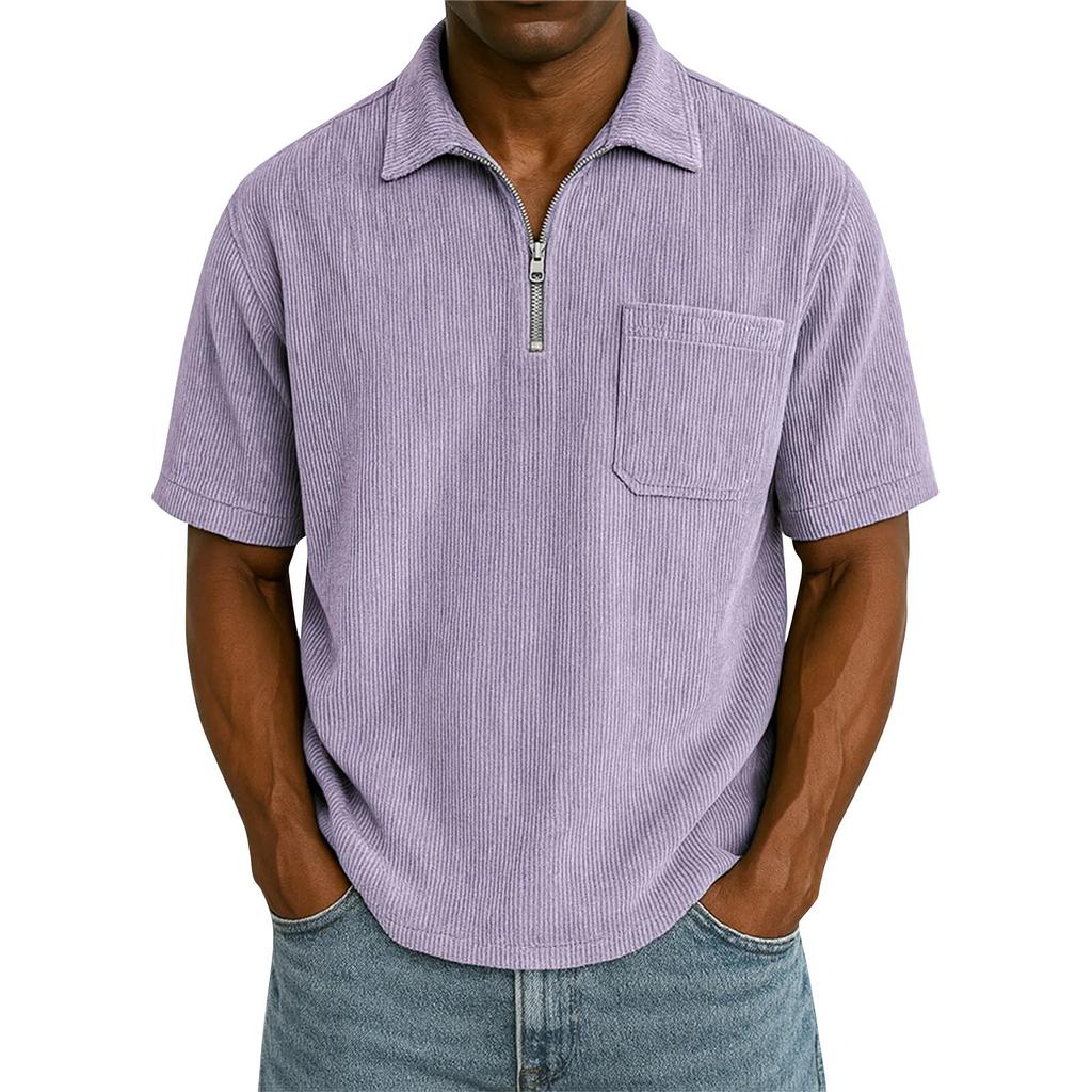 Men's Summer Solid Color Zipper Pocket Lapel Loose Short Sleeve Top