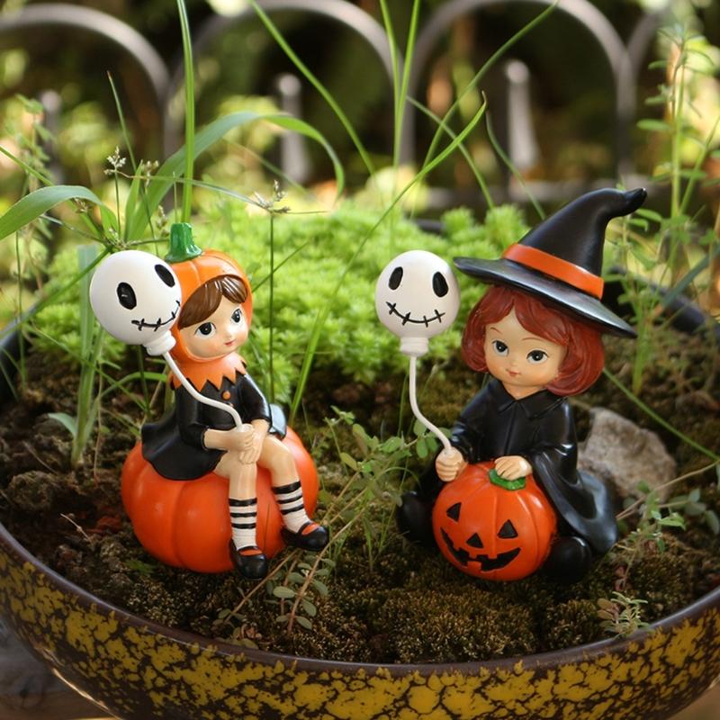2Pcs Halloween Decors Handcrafted Witch Holding Ghostly Balloon Resins Figurines Ornaments For Home Festives Display