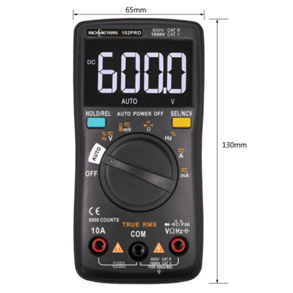 RM102Pro Auto Multimetr 6000 počtů Podsvícení AC/DC Ammetr Voltmetr Dioda Odpor Kapacita Teplota