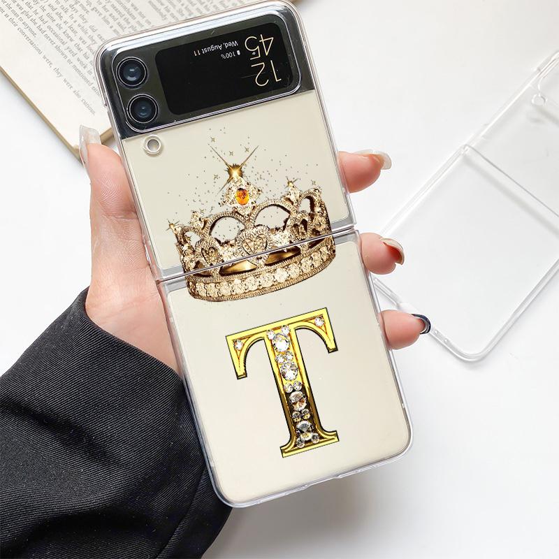 Diamond Crown Letter 26 Letters Phone Case For Samsung Z Flip 3 4 5 6 fold High Hard PC For Galaxy Z Flip 3 5 6 Clear Cover