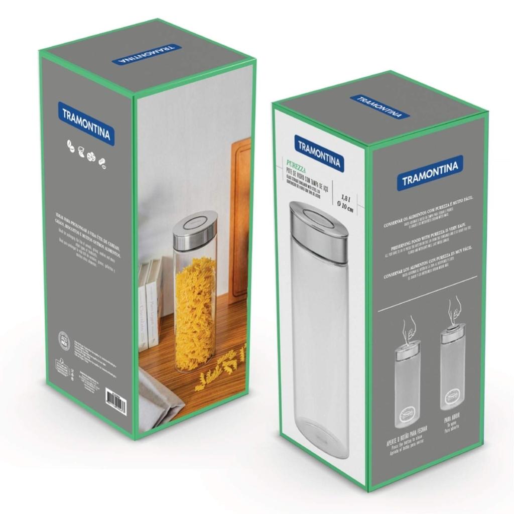 TRAMONTINA Prezza Glass Storage Container with Airtight Closure and Stainless Steel Lid for and More 1.8L Heat-Resistant (Canister) One-Touch Pasta,