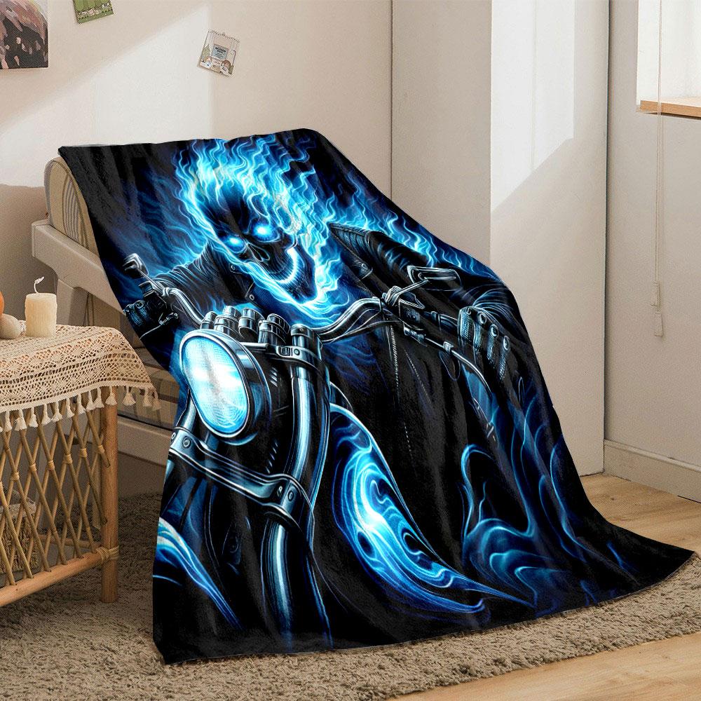 Flaming Skull Rider on Motorcycle print blanket soft and cozy perfect for the living room bed sofa or a nap,gift