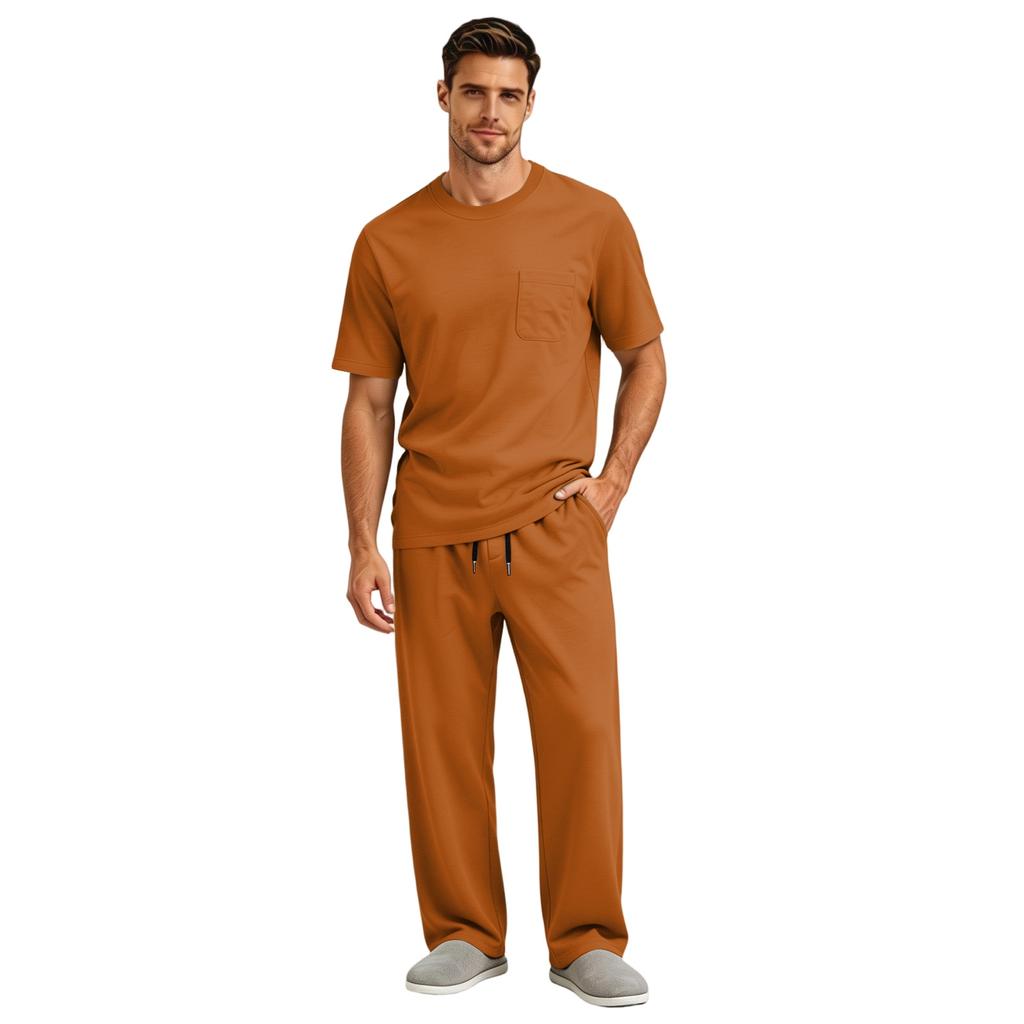 Men's Short Sleeve Pajama Set with Button Crotch and Elastic Waist Drawstring Pants for Sleepwear