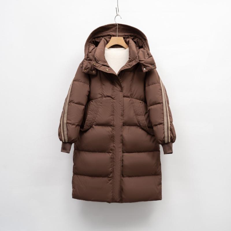 Pinghu Daunenjacke Damen Winter neue Mode mittel und lang Kaffeefarbe Retro weiße Entendaunenjacke mit Kapuze und verdickt
