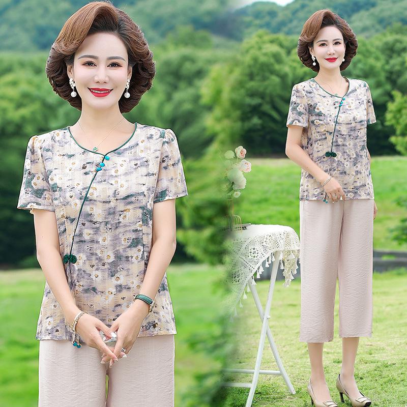 

Chinese-Inspired Summer Short Sleeve T-Shirt for Mature Women – Flattering, Round Neck, Slimming Printed Design 2XL (95-115 jin) зелёный