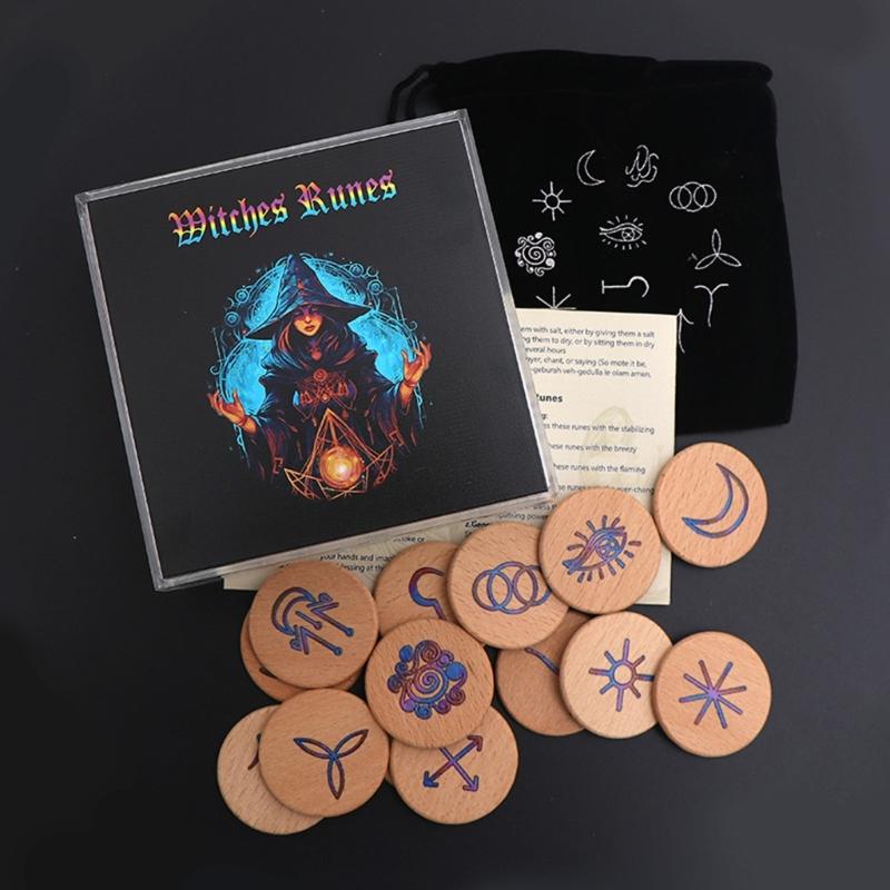 Hand Carved Wooden Runes Symbols Set Divination Runes Stone with Instruction and Storage Bag Heal Gift Decoration