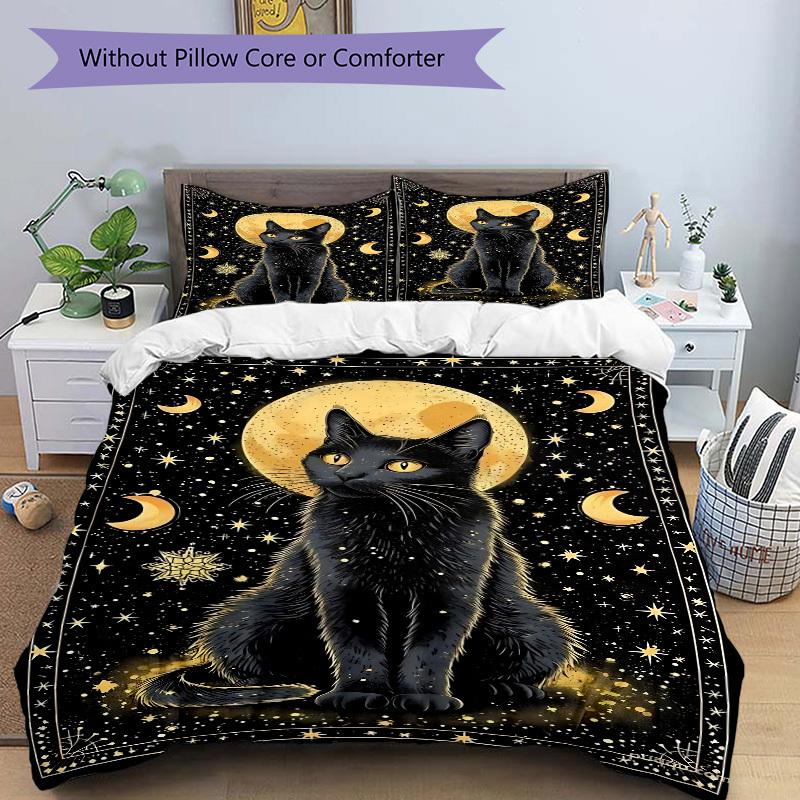 3pcs Black Cat Moon Night Duvet Cover Set, Cover For Bedroom Guest Room (1 Duvet Cover + 2 Pillowcase, Without Quilt),  Yy250922224