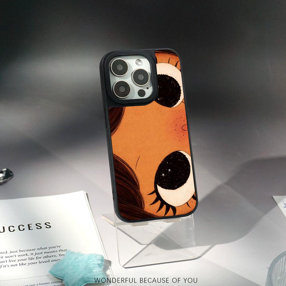 Big-eyed cute girl cartoon design Phone Case for iPhone 17 16 e 15 14 13 12 Pro Max Sheepskin Silver-edged protective case