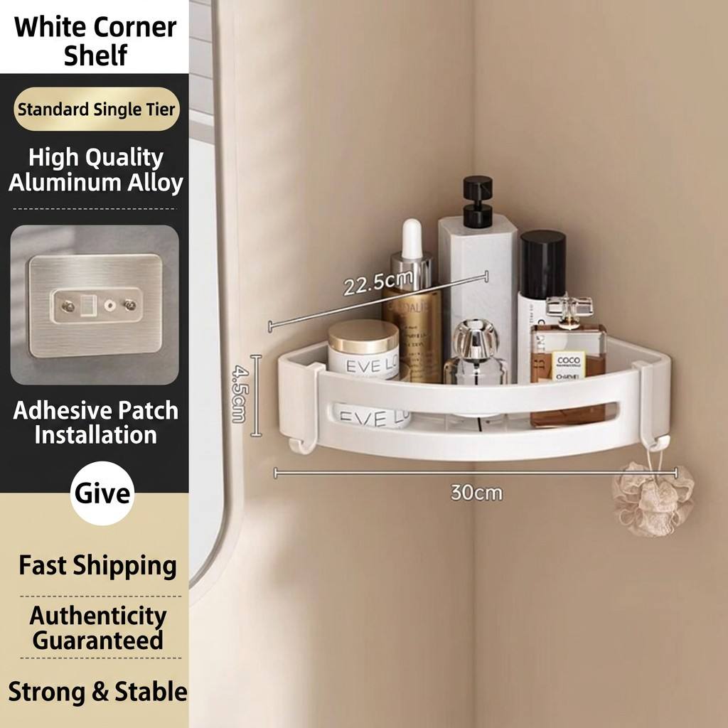 No-drill Triangle Bathroom Shelf, Wall-mounted Storage Rack for Washing Room and Toilet, Cream Style
