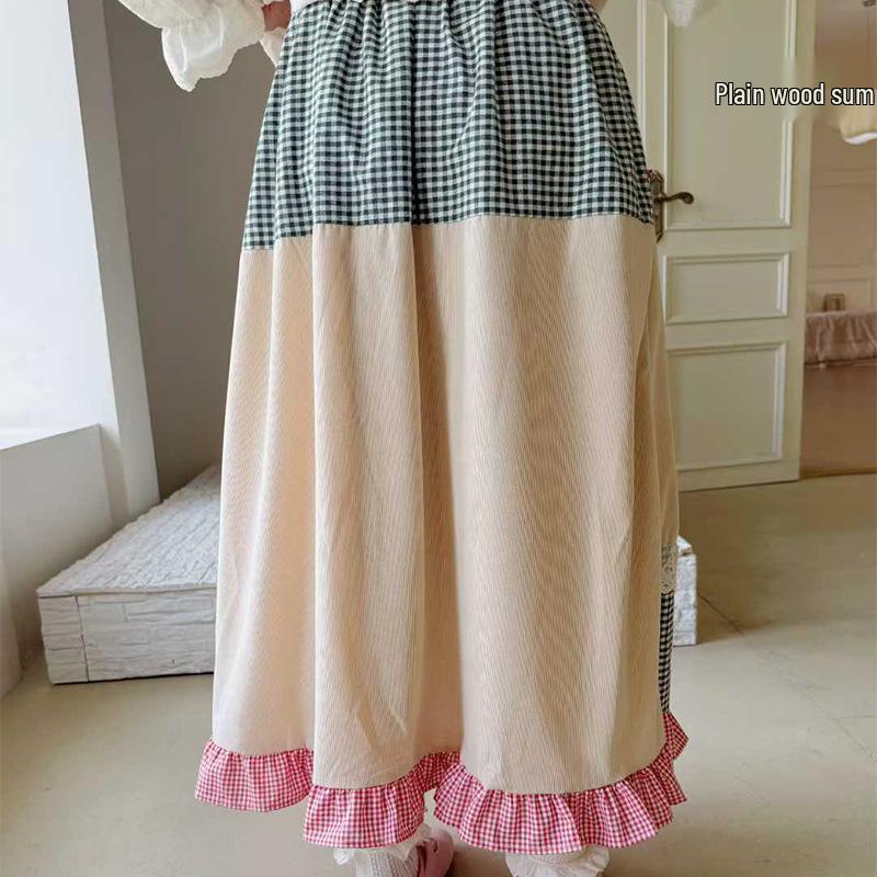 Retro Forest Corduroy Irregular Patchwork Embroidered Lace Midi Skirt - Fleece-Lined for Autumn & Winter
