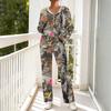 Women's Casual Hooded Pajama Set with V-Neck, Long Sleeves, Loose Fit, Print and Pockets for and Sleep