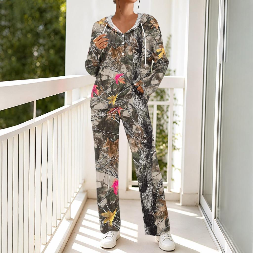 Women's Casual Hooded Pajama Set with V-Neck, Long Sleeves, Loose Fit, Print and Pockets for and Sleep