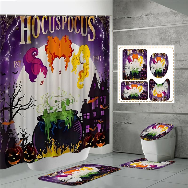 HOT Halloween Ghost Pumpkin Skull Shower Curtain Set with Non-Slip Rugs Toilet Lid Cover and Bath Mat Washable Trick or Treat