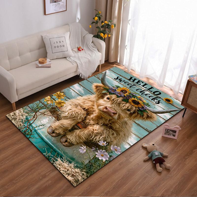 "Highland Cow with Floral Crown Rug - Non-slip rug suitable for living room and bedroom sofas."