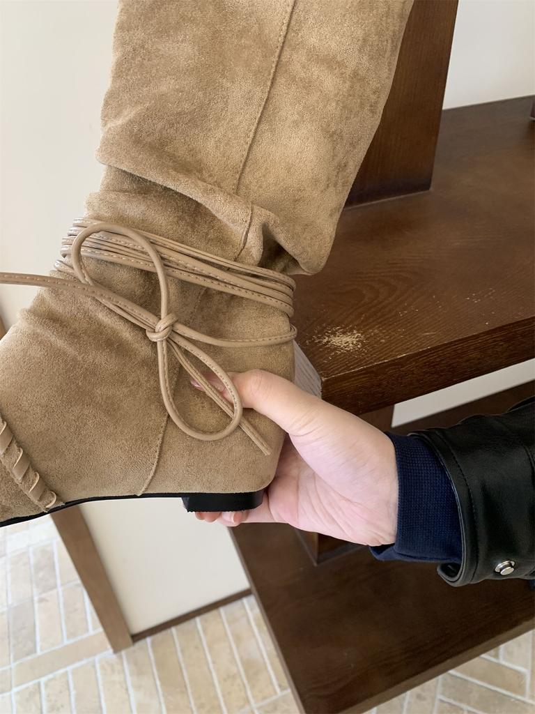 Inner Height Increasing Pointed Suede Skinny Medium Tube Knight Boots Women's Boots 2025 Fall Winter Western Cowboy Pile Boots