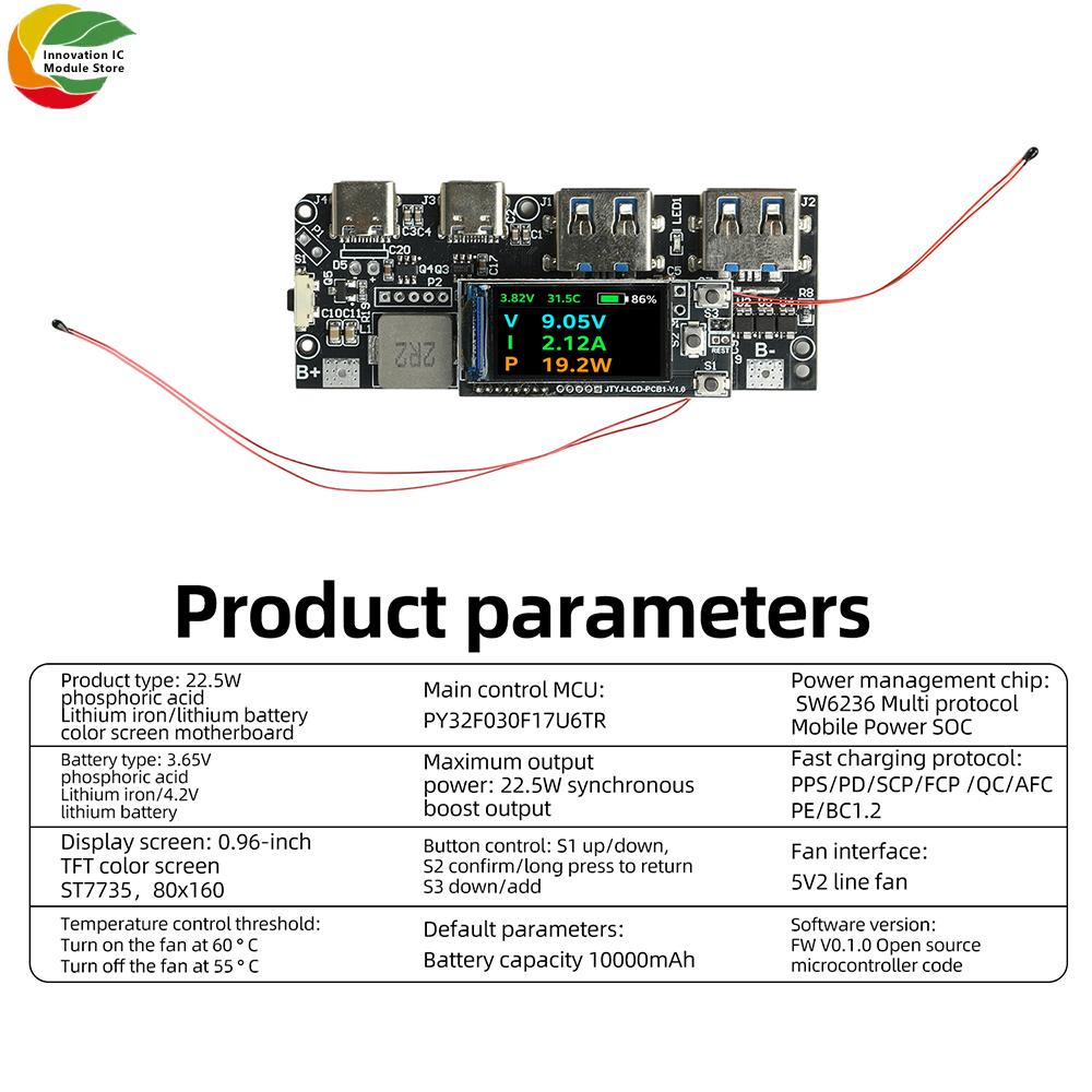 11.1W Power Bank Mainboard 1.96-inch TFT Color Display DIY Portable Fast Charging Module Power Bank Circuit Board