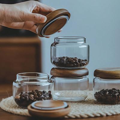 Clear Glass Storage Jars with Wooden Lids Press-type Airtight Kitchen Food Container Tools Home Coffee Bean Grain Organizer Jars