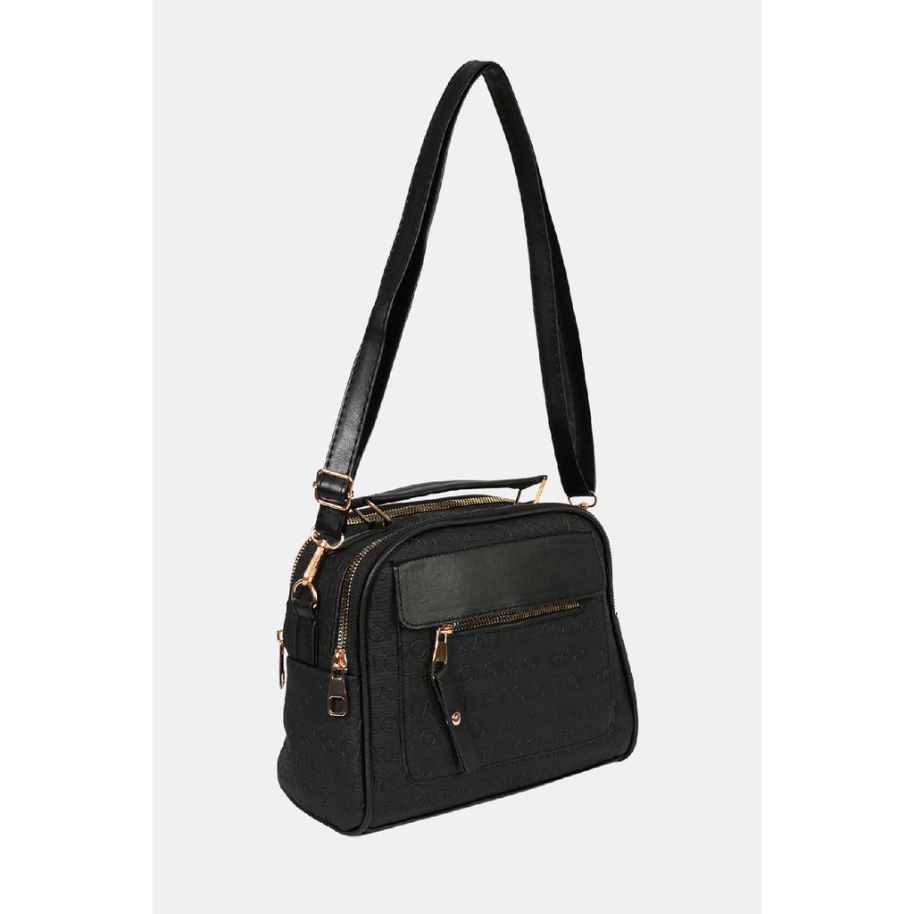 Damen-Hand- und Umhängetasche aus schwarzem Lacost-Leder mit 3 Fächern und verstellbarem Riemen