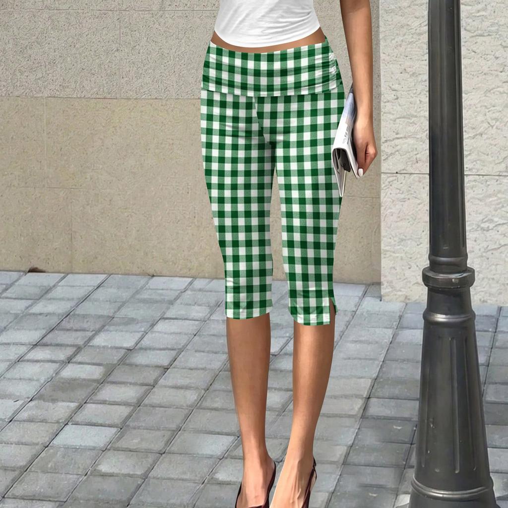 Damen Slim Fit Bedruckte Cropped Hose mit Knittertextur Dehnbarer Bund Lässige Sieben-Viertel-Hose für den Alltag